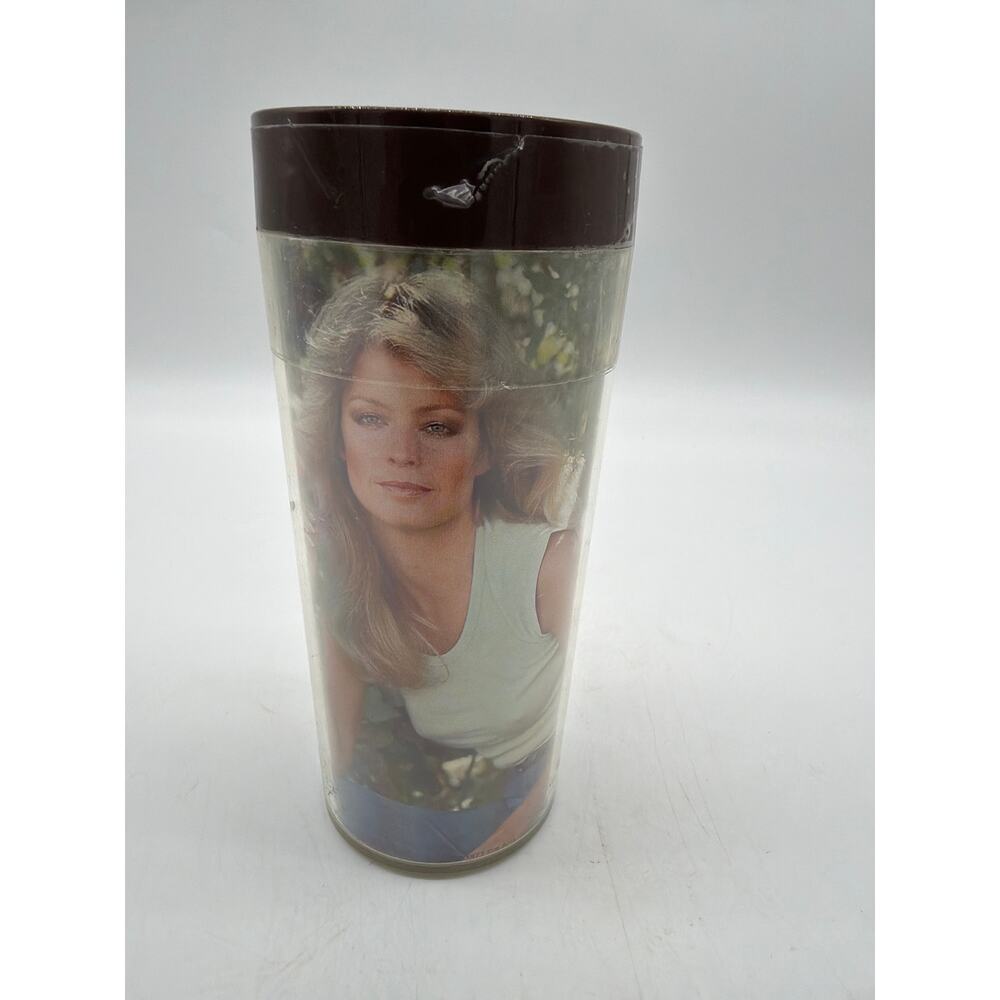 Vintage 1977 Farrah Fawcett White T-Shirt 6.5”‎ Thermo Serv Cup Tumbler  Used